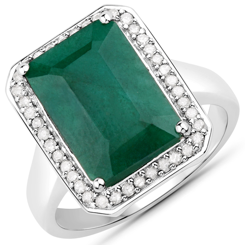 Emerald-5.72 Carat Dyed Emerald and White Diamond .925 Sterling Silver Ring