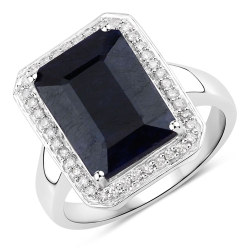 Sapphire-7.51 Carat Dyed Sapphire and White Diamond .925 Sterling Silver Ring