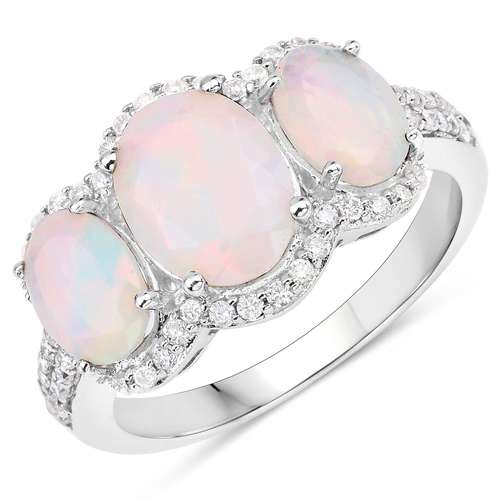 Opal-1.86 Carat Genuine Ethiopian Opal and White Diamond 14K White Gold Ring