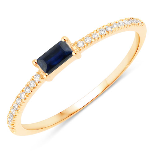 Sapphire-0.19 Carat Genuine Blue Sapphire and White Diamond 14K Yellow Gold Ring