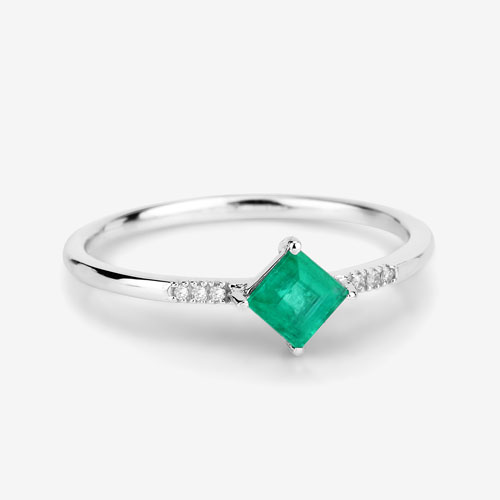 0.42 Carat Genuine Zambian Emerald and White Diamond 14K White Gold Ring
