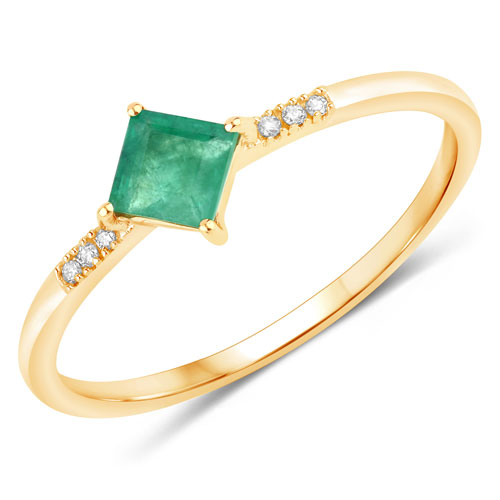 Emerald-0.42 Carat Genuine Zambian Emerald and White Diamond 14K Yellow Gold Ring