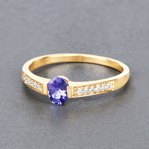 0.41 Carat Genuine Tanzanite and White Diamond 14K Yellow Gold Ring