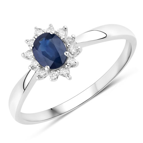 Sapphire-0.44 Carat Genuine Blue Sapphire and White Diamond 14K White Gold Ring
