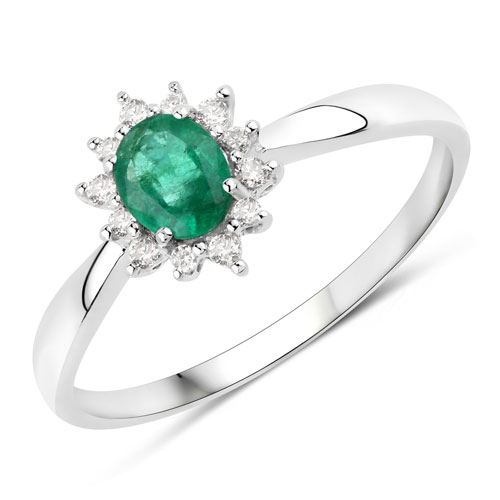 Emerald-0.40 Carat Genuine Zambian Emerald and White Diamond 14K White Gold Ring