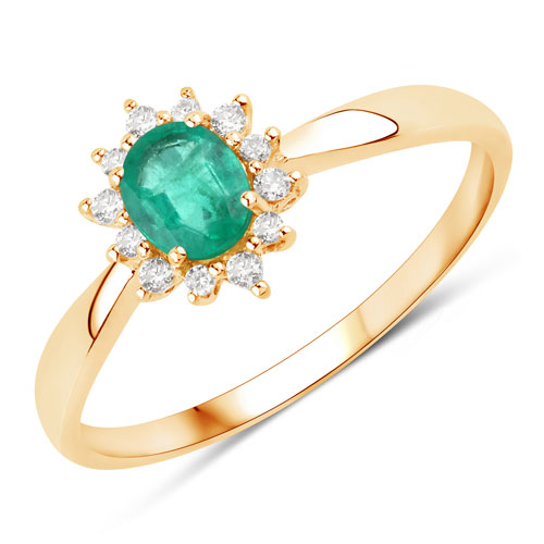Emerald-0.40 Carat Genuine Zambian Emerald and White Diamond 14K Yellow Gold Ring