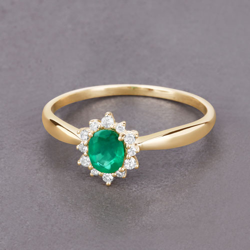 0.40 Carat Genuine Zambian Emerald and White Diamond 14K Yellow Gold Ring