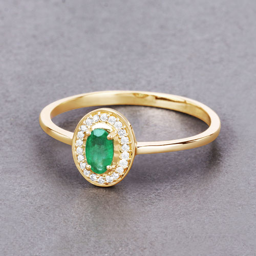 0.25 Carat Genuine Zambian Emerald and White Diamond 14K Yellow Gold Ring