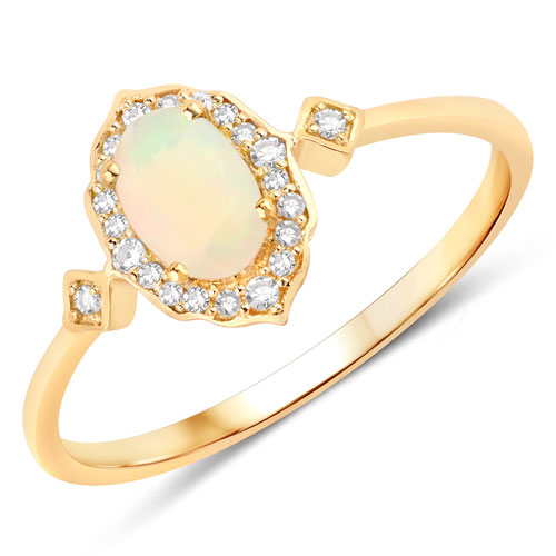 Opal-0.32 Carat Genuine Ethiopian Opal and White Diamond 10K Yellow Gold Ring