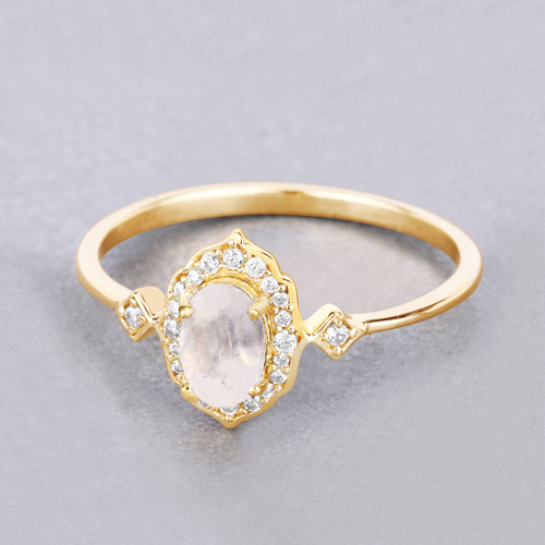 0.50 Carat Genuine White Rainbow Moonstone and White Diamond 10K Yellow Gold Ring