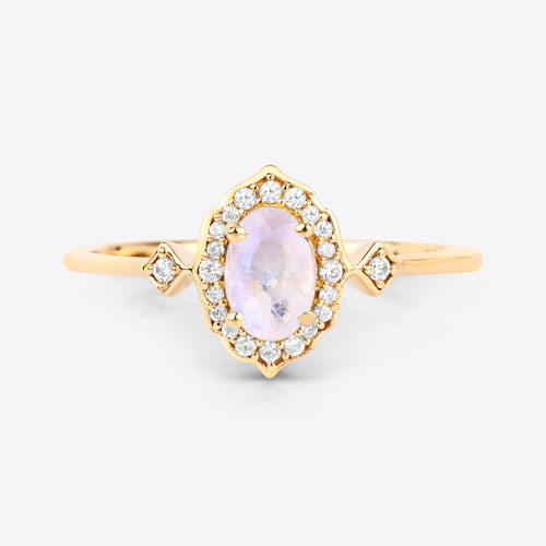 0.50 Carat Genuine White Rainbow Moonstone and White Diamond 10K Yellow Gold Ring