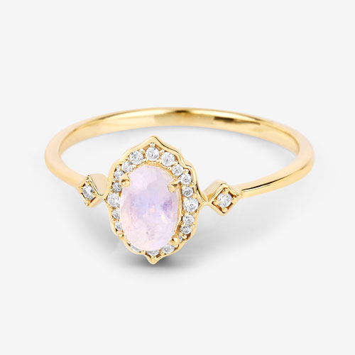 0.50 Carat Genuine White Rainbow Moonstone and White Diamond 10K Yellow Gold Ring