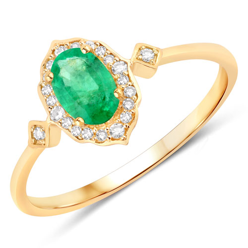 Emerald-0.52 Carat Genuine Zambian Emerald and White Diamond 10K Yellow Gold Ring