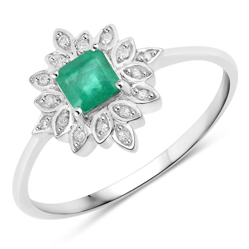 Emerald-0.40 Carat Genuine Zambian Emerald and White Diamond 14K White Gold Ring