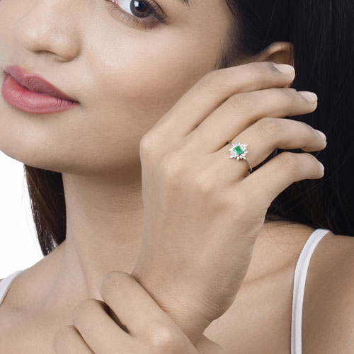 0.39 Carat Genuine Zambian Emerald and White Diamond 14K White Gold Ring