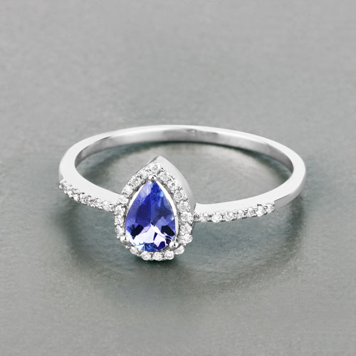 0.47 Carat Genuine Tanzanite and White Diamond 14K White Gold Ring