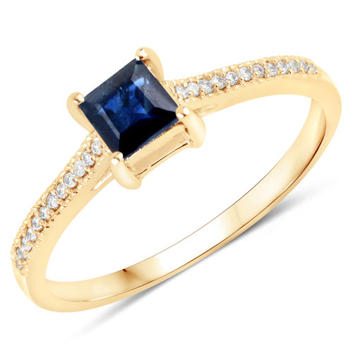 Sapphire-0.67 Carat Genuine Blue Sapphire and White Diamond 14K Yellow Gold Ring