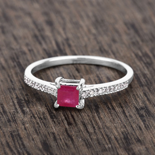 0.67 Carat Genuine Ruby and White Diamond 14K White Gold Ring