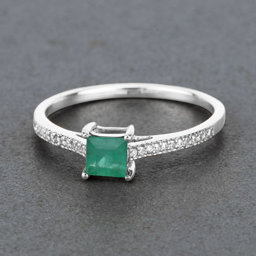0.67 Carat Genuine Zambian Emerald and White Diamond 14K White Gold Ring