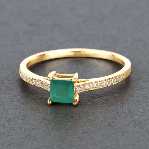 0.67 Carat Genuine Zambian Emerald and White Diamond 14K Yellow Gold Ring