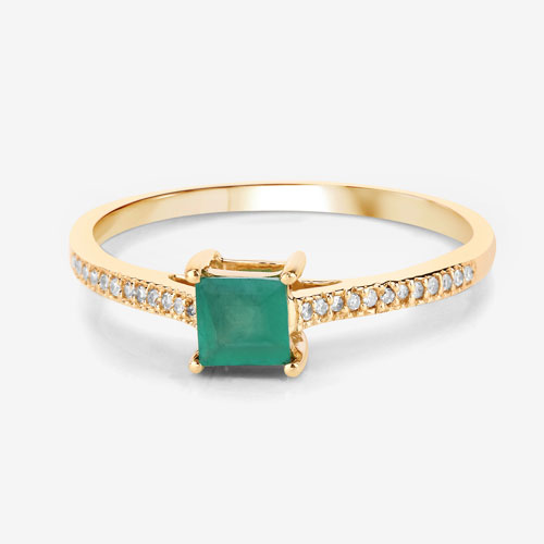 0.67 Carat Genuine Zambian Emerald and White Diamond 14K Yellow Gold Ring
