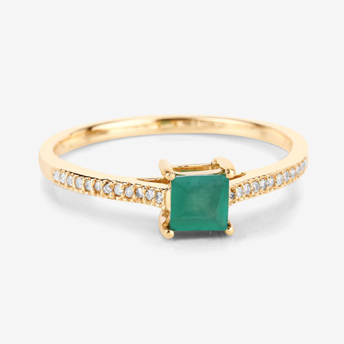 0.67 Carat Genuine Zambian Emerald and White Diamond 14K Yellow Gold Ring