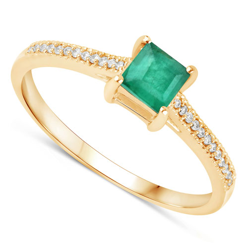 0.67 Carat Genuine Zambian Emerald and White Diamond 14K Yellow Gold Ring