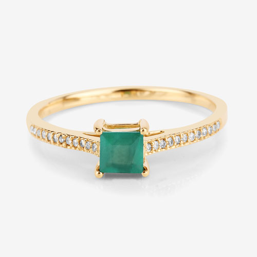 0.67 Carat Genuine Zambian Emerald and White Diamond 14K Yellow Gold Ring