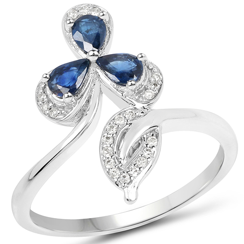 Sapphire-0.57 Carat Genuine Blue Sapphire and White Diamond 14K White Gold Ring