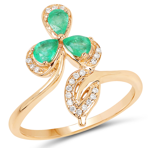 0.48 Carat Genuine Zambian Emerald and White Diamond 14K Yellow Gold Ring