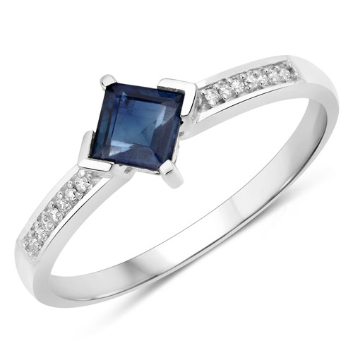 Sapphire-0.64 Carat Genuine Blue Sapphire and White Diamond 14K White Gold Ring