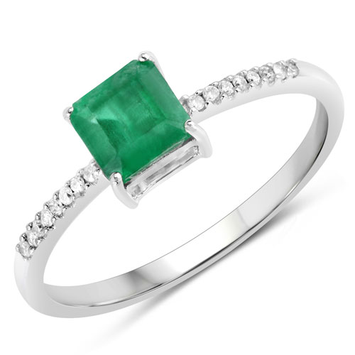 Emerald-0.64 Carat Genuine Zambian Emerald and White Diamond 14K White Gold Ring