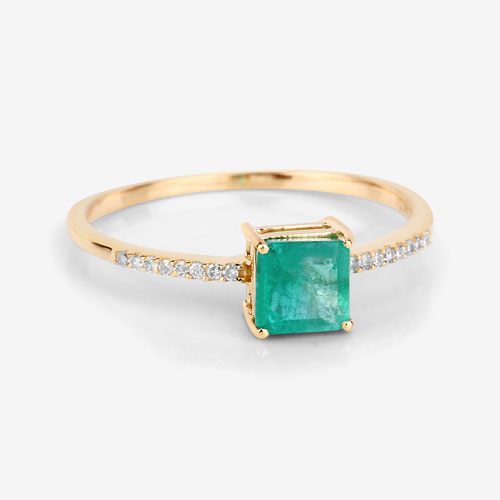 0.64 Carat Genuine Zambian Emerald and White Diamond 14K Yellow Gold Ring