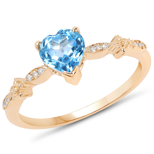 Rings-0.96 Carat Genuine Swiss Blue Topaz and White Diamond 14K Yellow Gold Ring
