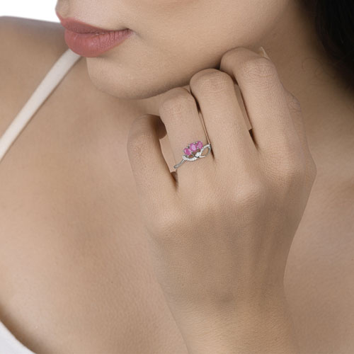 0.71 Carat Genuine Ruby and White Diamond 14K White Gold Ring