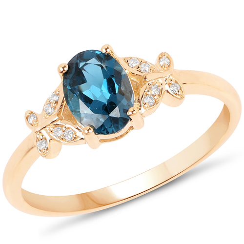 Rings-0.94 Carat Genuine London Blue Topaz and White Diamond 14K Yellow Gold Ring