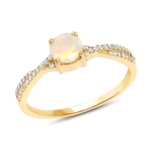 Opal-0.38 Carat Genuine Ethiopian Opal and White Diamond 14K Yellow Gold Ring