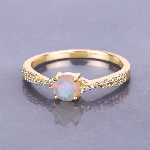 0.37 Carat Genuine Ethiopian Opal and White Diamond 14K Yellow Gold Ring