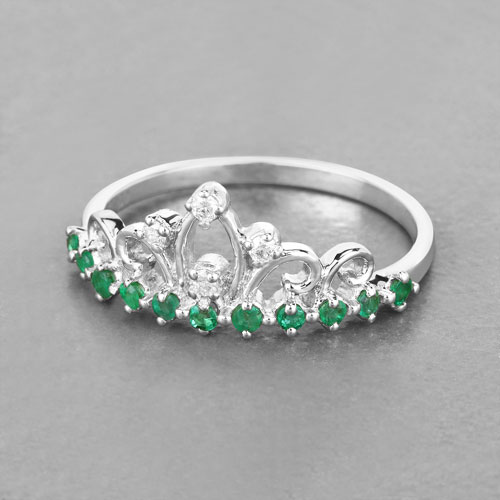 0.28 Carat Genuine Zambian Emerald and White Diamond 14K White Gold Ring