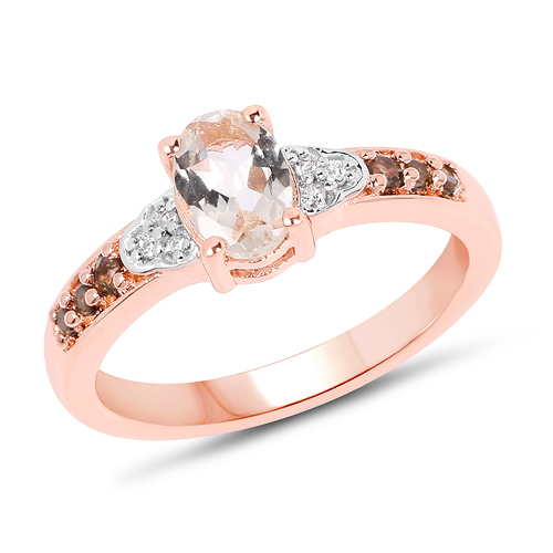 Rings-18K Rose Gold Plated 0.87 Carat Genuine Morganite, Smoky Quartz and White Zircon .925 Sterling Silver Ring