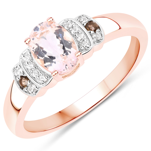 Rings-18K Rose Gold Plated 0.81 Carat Genuine Morganite, Smoky Quartz and White Zircon .925 Sterling Silver Ring