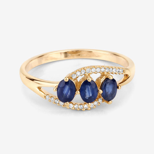 0.73 Carat Genuine Blue Sapphire and White Diamond 14K Yellow Gold Ring
