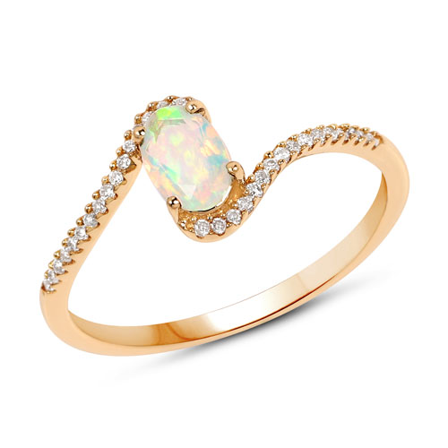 Opal-0.33 Carat Genuine Ethiopian Opal and White Diamond 10K Yellow Gold Ring