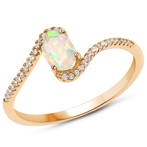 Opal-0.34 Carat Genuine Ethiopian Opal and White Diamond 14K Yellow Gold Ring