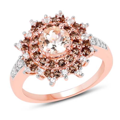 Rings-18K Rose Gold Plated 1.65 Carat Genuine Morganite, Smoky Quartz and White Zircon .925 Sterling Silver Ring