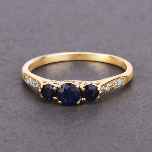 0.56 Carat Genuine Blue Sapphire and White Diamond 14K Yellow Gold Ring