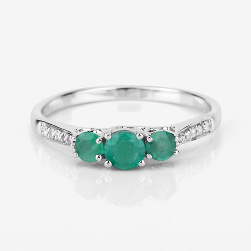 0.48 Carat Genuine Zambian Emerald and White Diamond 14K White Gold Ring
