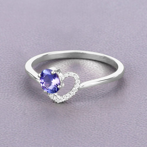 0.37 Carat Genuine Tanzanite and White Diamond 14K White Gold Ring