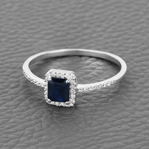 0.60 Carat Genuine Blue Sapphire and White Diamond 14K White Gold Ring