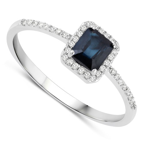 0.60 Carat Genuine Blue Sapphire and White Diamond 14K White Gold Ring